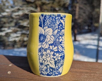 Yellow & Blue Flowers Cup | Magical Ceramic Coffee or Tea Cup | Slip-casted Hand-Made Clay Mug | Pottery | Gift Idea