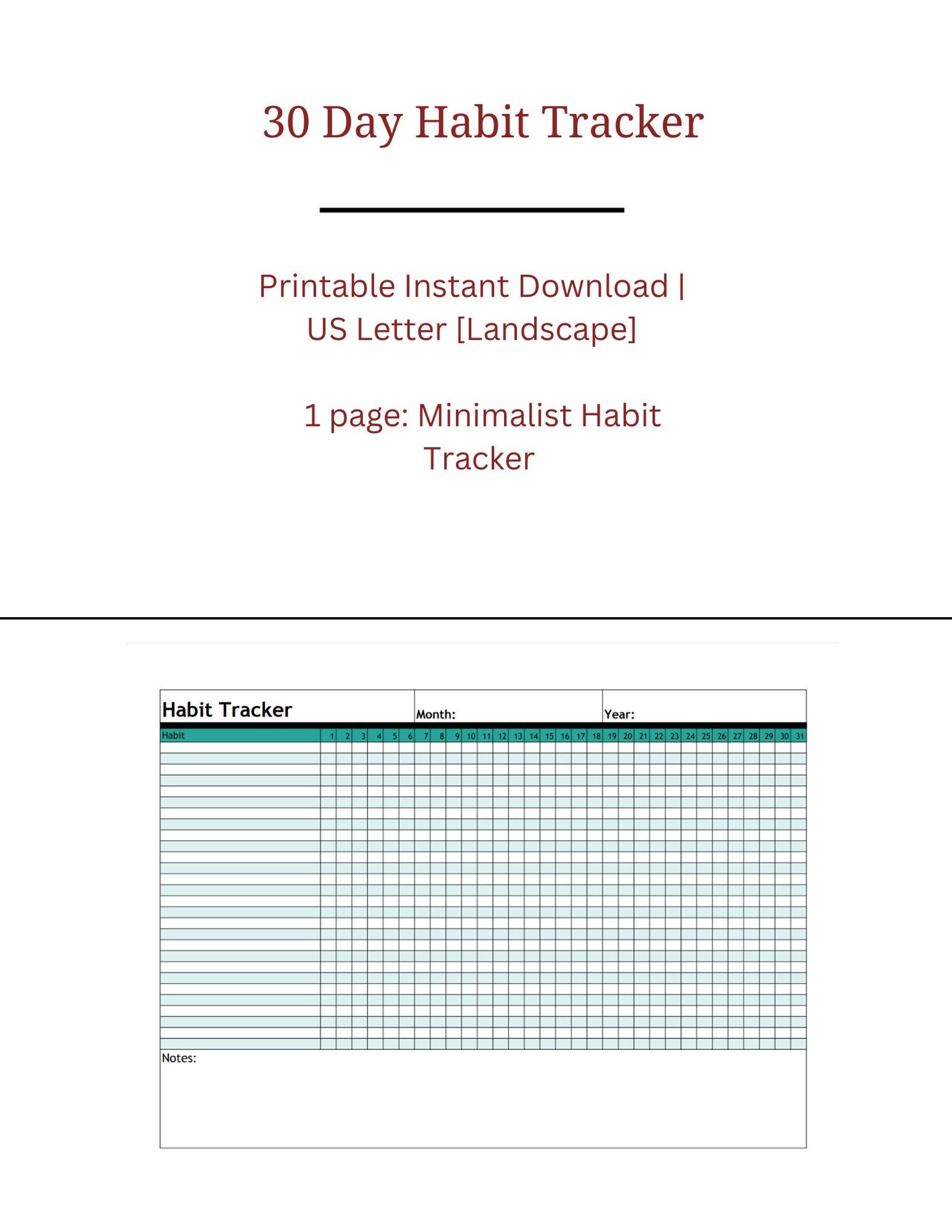 Printable Monthly Habit Tracker | Goal Tracker | Minimalist | 30 Day ...