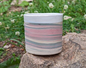 Swirled Green & Red Ceramic Cup | Stoneware Mug | Wheel Thrown | Unique No Handle Mug | Unique Gift | Magick Cup