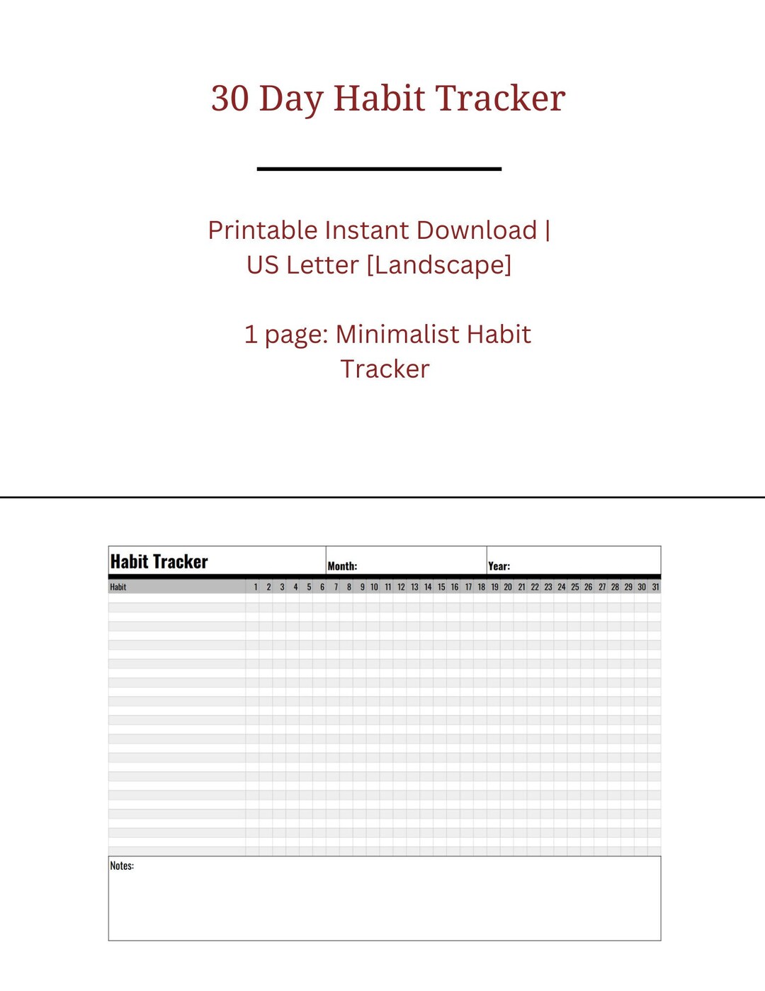 Printable Monthly Habit Tracker | Goal Tracker | Minimalist | 30 Day ...