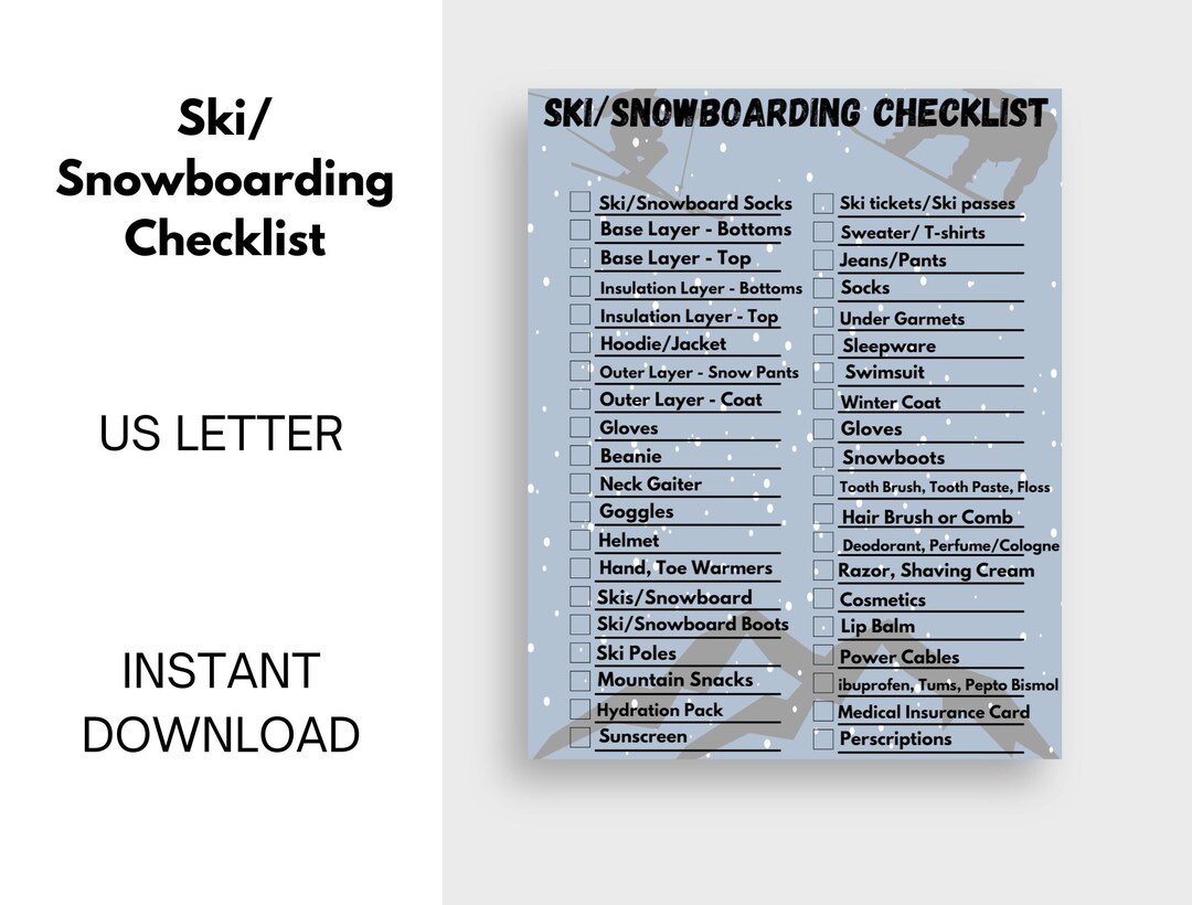 Editable Ski/snowboarding Checklist Ski Weekend Planner Mountains