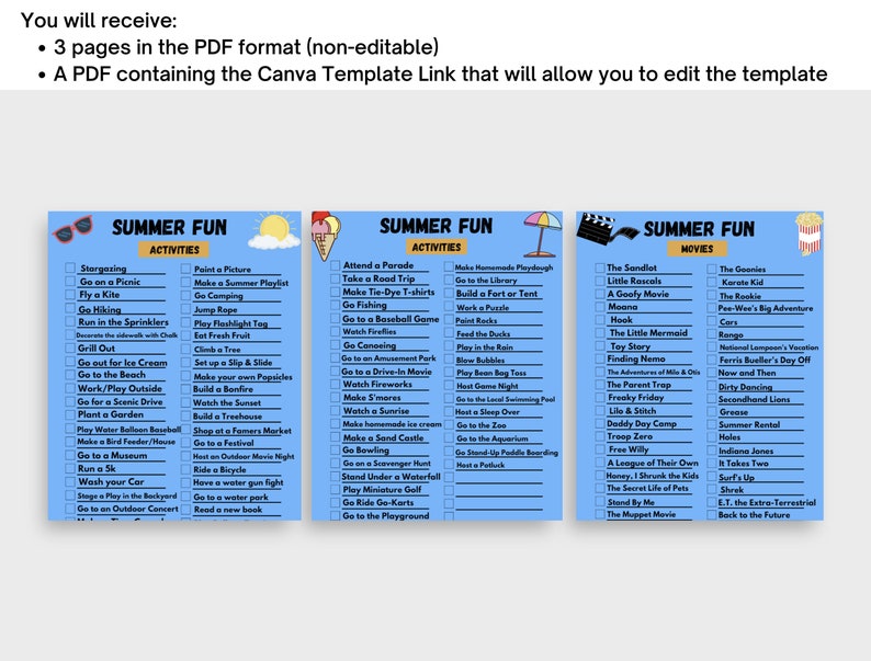 Editable Summer Fun Activities Checklist | Movie List | Outdoor ...