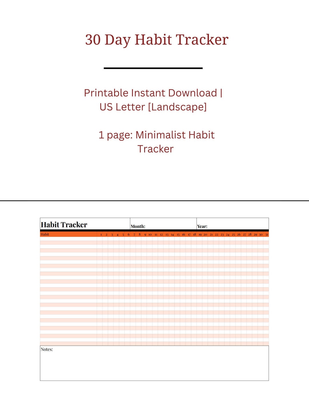Printable Monthly Habit Tracker | Goal Tracker | Minimalist | 30 Day ...