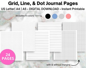 Grid, Line & Dot Journal Pages Printable | Daily Journal | Notebook | Sketchbook | Doodle | Planner Paper | US Letter, A5, A4 Sizes | PDF