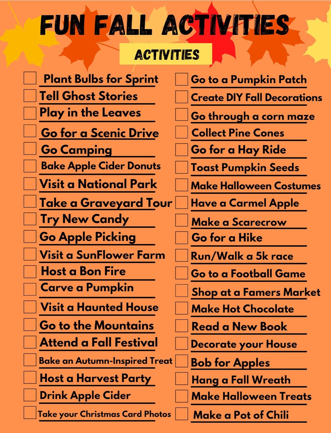 Editable fall fun activities checklist movie list outdoor etsy