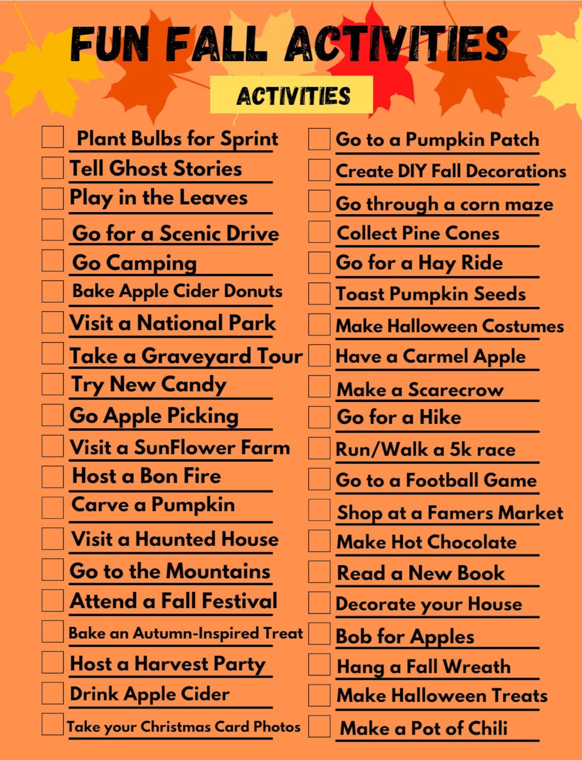 Editable Fall Fun Activities Checklist Movie List Outdoor Etsy