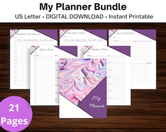 Printable Daily, Weekly, Monthly, Yearly Planner Bundle | Goal Tracker | Meal Planner | Checklist | Essentials Planner | Instant Download
