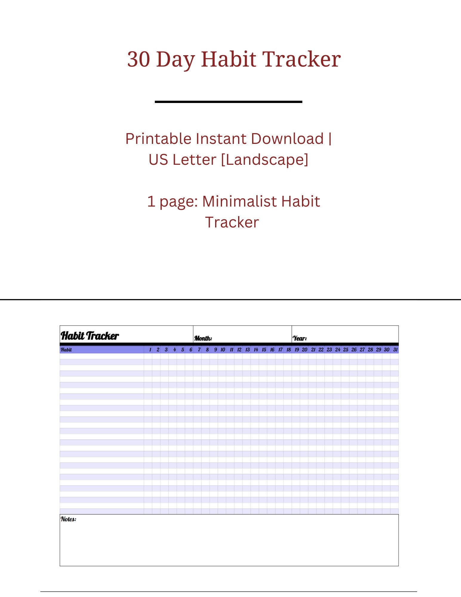 Printable Monthly Habit Tracker | Goal Tracker | Minimalist | 30 Day ...