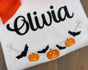 Girl&#39;s Embroidered Halloween Shirt, Halloween Name Shirt, Kids Personalized Halloween Tee, Monogram Halloween Outfit, Pumpkin Patch Shirt