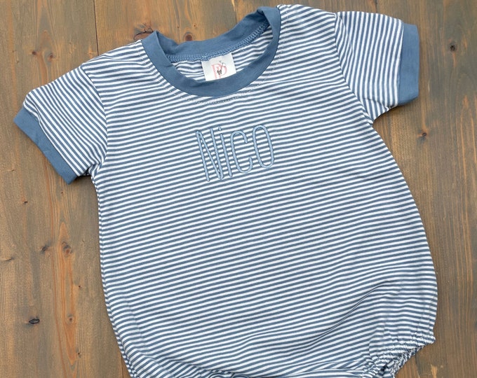 Baby Boy Girl Fishing Outfit Fish Embroidery Newborn Bubble Romper Waffle Striped Bodysuit Infant Summer Clothes (Blue, 0-3 Months
