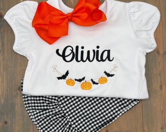 Girls Halloween Outfit, Toddler Name Shirt, Kids Halloween Shirt, Embroidered Halloween Shirt, Toddler Gingham Pants Set