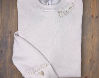 Tan Mama Sweatshirt, Mama Collar Shirt, Kids Names on Sleeve, Embroidered Bella Canvas Sweatshirt, Custom Mom Pullover, Momma Sweater