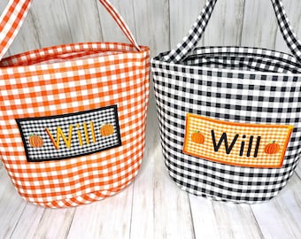 Gingham Halloween Bucket, Personalized Trick or Treat Bag, Candy Tote, Kids Name Bucket, Embroidered Halloween Basket, Toddler Cloth Bag