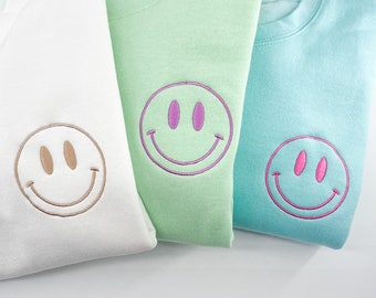 Womens Smile Sweatshirt, Happy Face Shirt, Smile Face Crewneck, Turquoise Embroidered Sweater, Mint Green Sweatshirt, Colorful Smiley