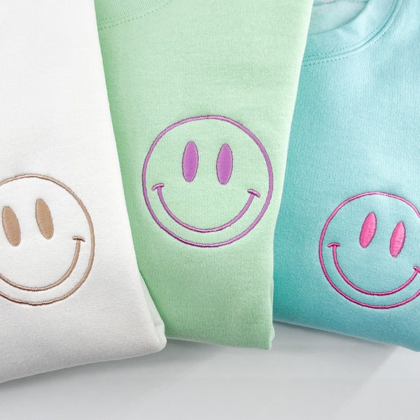 Womens Smile Sweatshirt, Happy Face Shirt, Smile Face Crewneck, Turquoise Embroidered Sweater, Mint Green Sweatshirt, Colorful Smiley