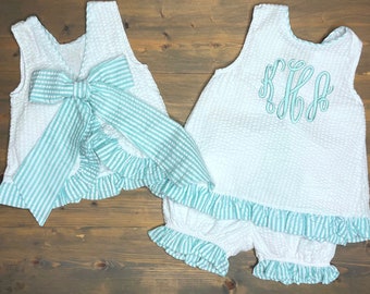 Girl's Bow Back Set, Monogrammed Baby Girl Outfit, Seersucker Dress, Swing Back Set, Bloomer Set, Toddler Ruffle Shirt, Beach Picture Outfit