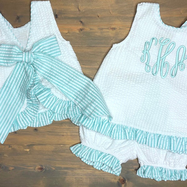 Girl's Bow Back Set, Monogrammed Baby Girl Outfit, Seersucker Dress, Swing Back Set, Bloomer Set, Toddler Ruffle Shirt, Beach Picture Outfit