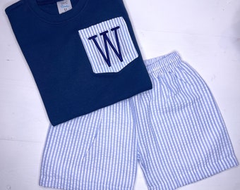 Toddler Boy Seersucker Outfit, Boys Shorts Set,  Navy Blue Shirt, Monogrammed Kids Clothes, Embroidered Pocket Tee, Children’s Summer Outfit
