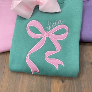 Girls Bow Sweatshirt, Embroidered Bow, Kids Crewneck, Girls Name Shirt, Monogram Youth Sweater, Personalized Shirt, Applique Pink Bow