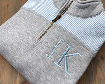 Boys Monogrammed Quarter Zip, Kids Embroidered Pullover, Childrens Personalized Sweatshirt, Blue Seersucker Sweater, Custom Seersucker Shirt