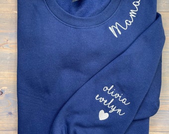Blue Embroidered Sweatshirt with Kids Names, Navy Blue Mama Shirt, Personalized Momma Sweater with Heart on Sleeve, Mom Collar Embroidered