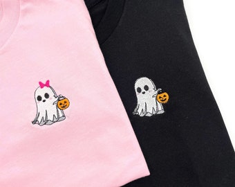 Kids Embroidered Halloween Shirt, Childrens Ghost Tshirt, Toddler Halloween Party Tee, Trick or Treat Shirt, Long Sleeve Bella Canvas Shirt