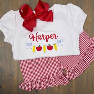 Girl’s School Outfit, Monogrammed School Shirt, Back to School Shorts Set, Red Gingham Shorts, Embroidered School Shirt, Ruffle Girls Outfit