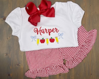 Girl’s School Outfit, Monogrammed School Shirt, Back to School Shorts Set, Red Gingham Shorts, Embroidered School Shirt, Ruffle Girls Outfit