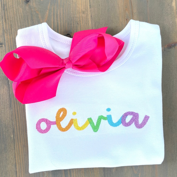 Girl's Embroidered Name Shirt, Personalized Toddler Top, Colorful Kid's Tshirt, Girl's  Rainbow Outfit, Puff Sleeve Tee