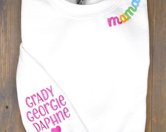 Embroidered Mama Sweatshirt, Collar Embroidery, Colorful Womens Sweatshirt, Kids Names on Sleeve, Custom Mom Pullover, Momma Sweater