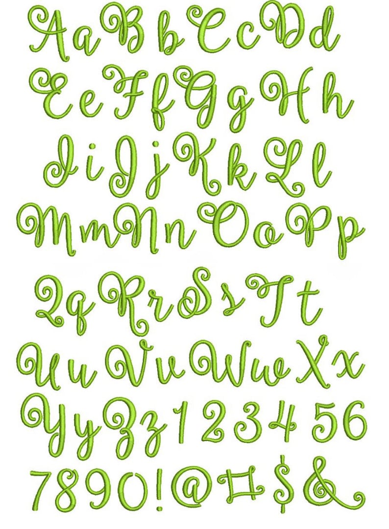 Op de afbeelding: Een groen alfabet met cursieve letters en cijfers, inclusief leestekens zoals een uitroepteken, een apenstaartje, een pondteken, een dollarteken en een ampersand.
