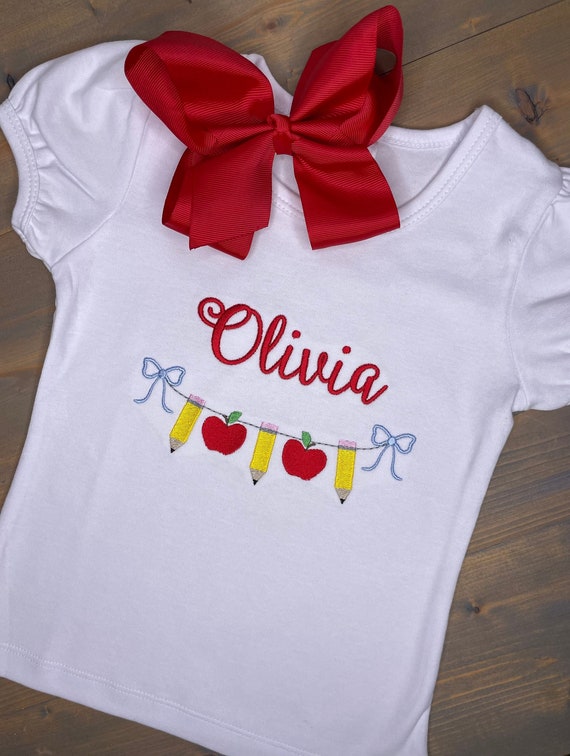 Personalized Girl’s School Shirt, Monogrammed Back to School Tee, Embroidered Apples Shirt, First Day of School Outfit, Kindergarten T-shirt