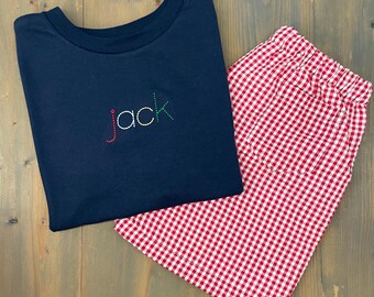 Personalized Boy Outfit, Boys Shorts Set, Navy Blue Shirt, Monogrammed Kids Clothes, Embroidered Tee, Children’s Summer Outfit