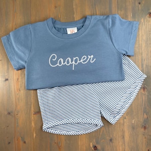 Toddler Boy Monogrammed Outfit, Boys School Outfit, Blue Shorts Set, Monogram Kid Clothes, Embroidered Boys Tee