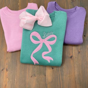 Girls Bow Sweatshirt, Embroidered Bow, Kids Crewneck, Girls Name Shirt, Monogram Youth Sweater, Personalized Shirt, Applique Pink Bow immagine 9
