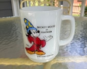 Vintage 1980 39 sMickey Mouse in Fantasia 1940 Anchor Hocking Fire-King Pepsi Milk Glass Mug Made in USA