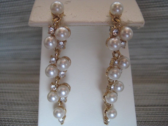 Vintage Faux Pearl and Rhinestone Drop Earrings - image 3