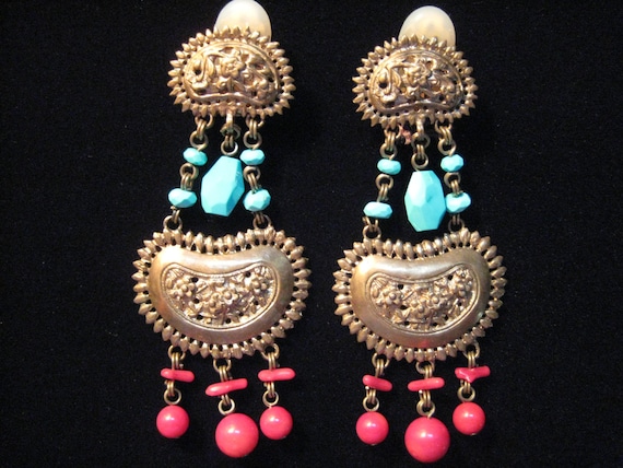 1989 Stephen Dweck Coral and Turquoise Earrings - Etsy