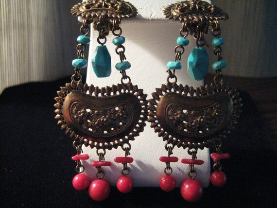 1989 Stephen Dweck Coral and Turquoise Earrings - Etsy