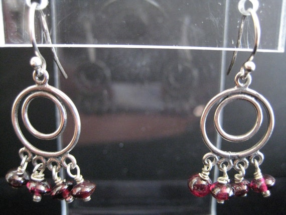 Sterling Silver and Garnet Hoop Earrings - image 2
