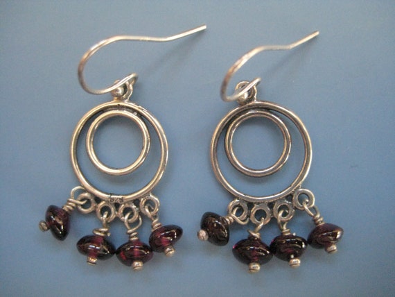 Sterling Silver and Garnet Hoop Earrings - image 1