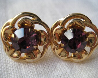 Vintage Gold Tone and Purple Glass Earrings