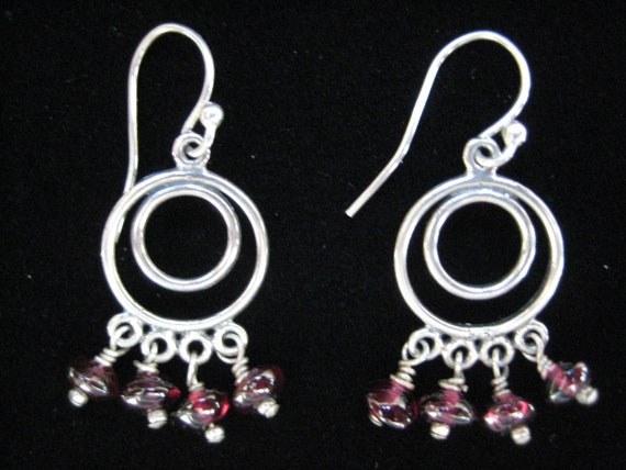 Sterling Silver and Garnet Hoop Earrings - image 3