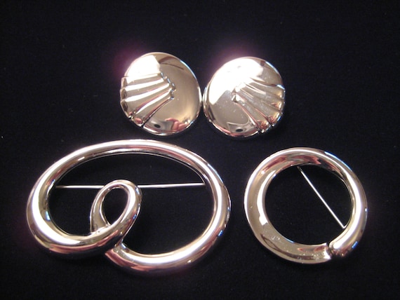 Vintage Monet Trio of Silver Tone Pins and Earrin… - image 1