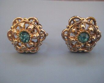 Vintage Screw Back Earrings With Blue Rhinestones