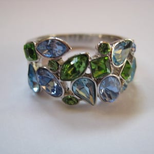 Ring with Blue and Green Rhinestones
