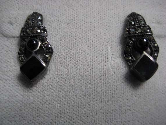 Art Deco Style Sterling Silver, Onyx and Marcasite Earrings