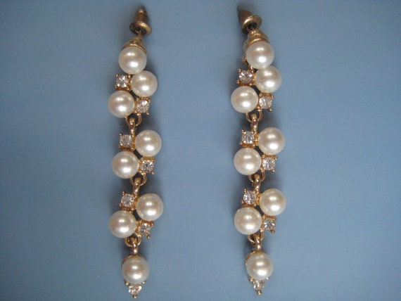 Vintage Faux Pearl and Rhinestone Drop Earrings - image 1