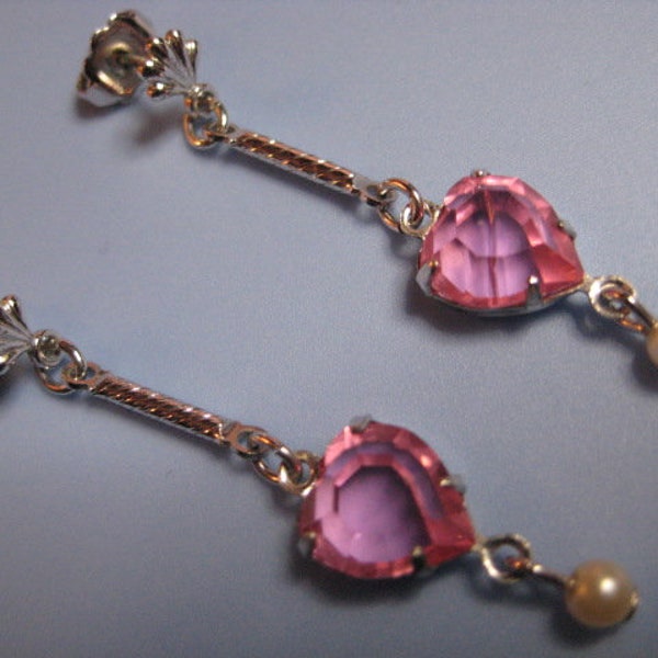 Vintage Pink Heart Dangle Earrings