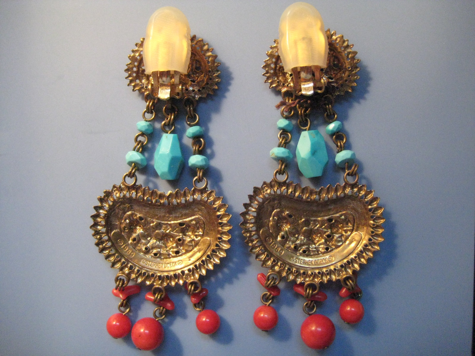 1989 Stephen Dweck Coral and Turquoise Earrings - Etsy